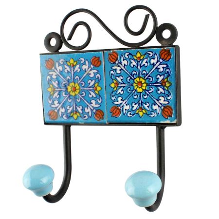 Turquoise Floral Ceramic Tiles Hook 